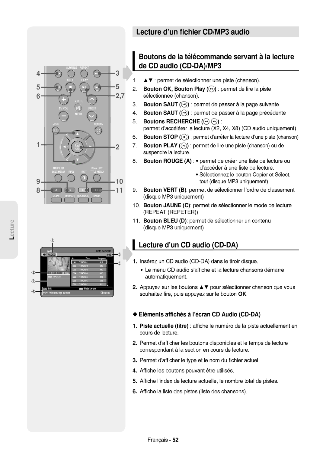 Samsung DVD-HR757/XEB, DVD-HR757/XEG manual Lecture d’un ﬁchier CD/MP3 audio, Lecture d’un CD audio CD-DA, Boutons Recherche 