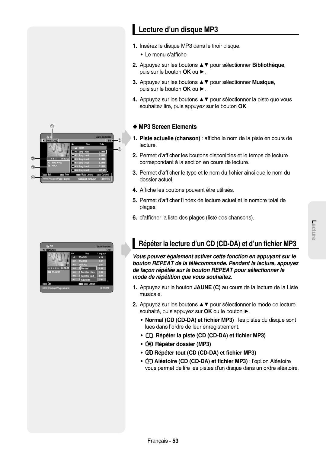 Samsung DVD-HR757/XEG manual Lecture d’un disque MP3, Répéter la lecture d’un CD CD-DA et d’un ﬁchier MP3, Aléatoire 