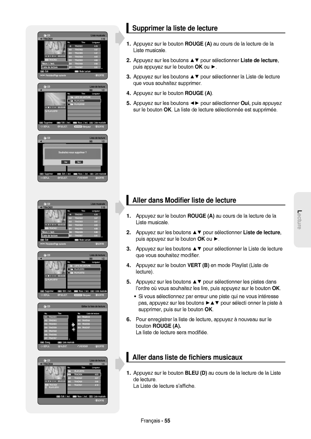 Samsung DVD-HR757/XEG, DVD-HR757/XEB manual Supprimer la liste de lecture, Aller dans Modiﬁer liste de lecture 