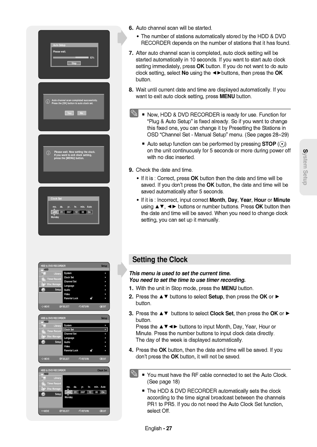 Samsung DVD-HR757/XEB, DVD-HR757/XEG manual Setting the Clock, Auto channel scan will be started 