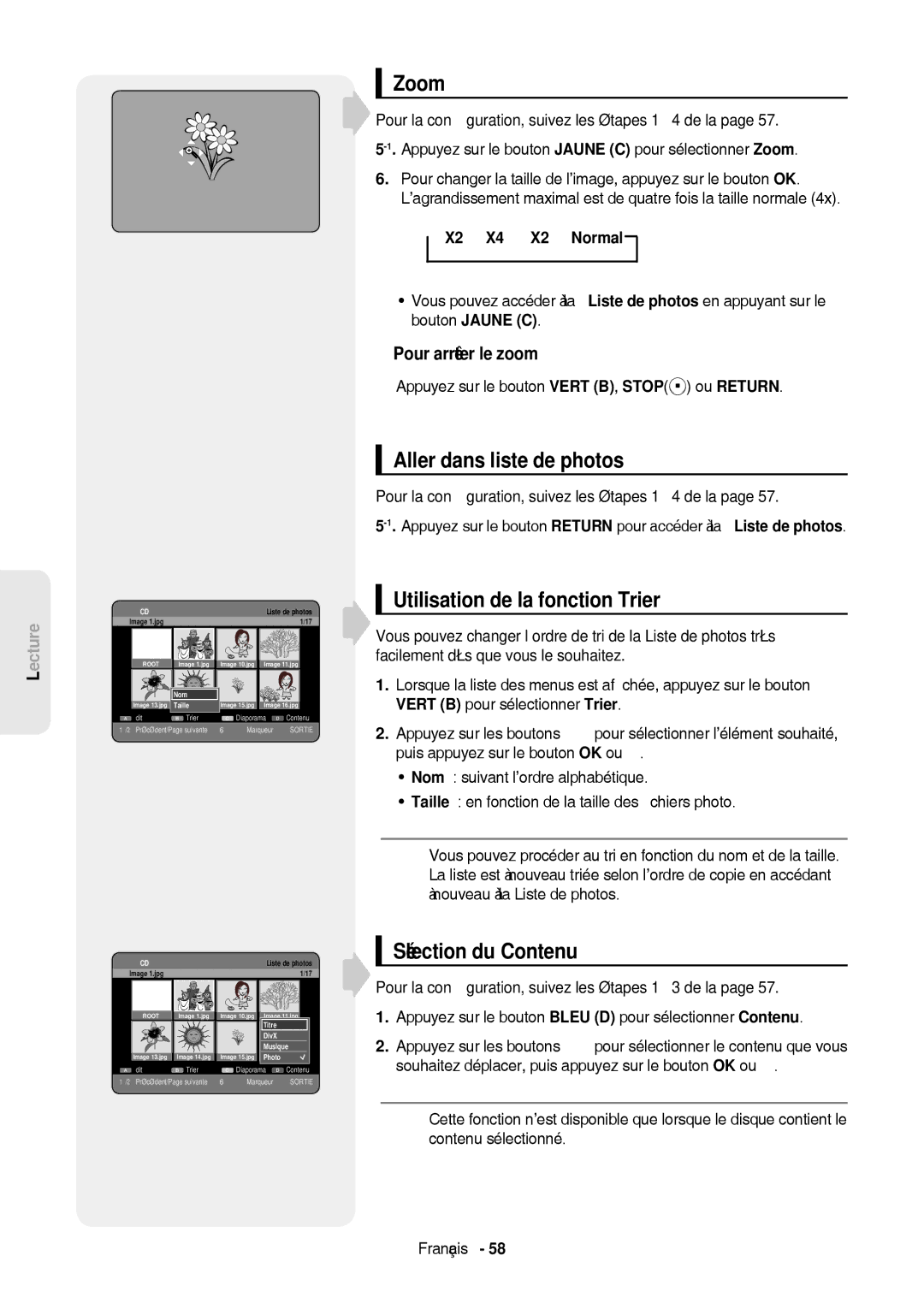 Samsung DVD-HR757/XEB, DVD-HR757/XEG manual Aller dans liste de photos, Pour arrêter le zoom 