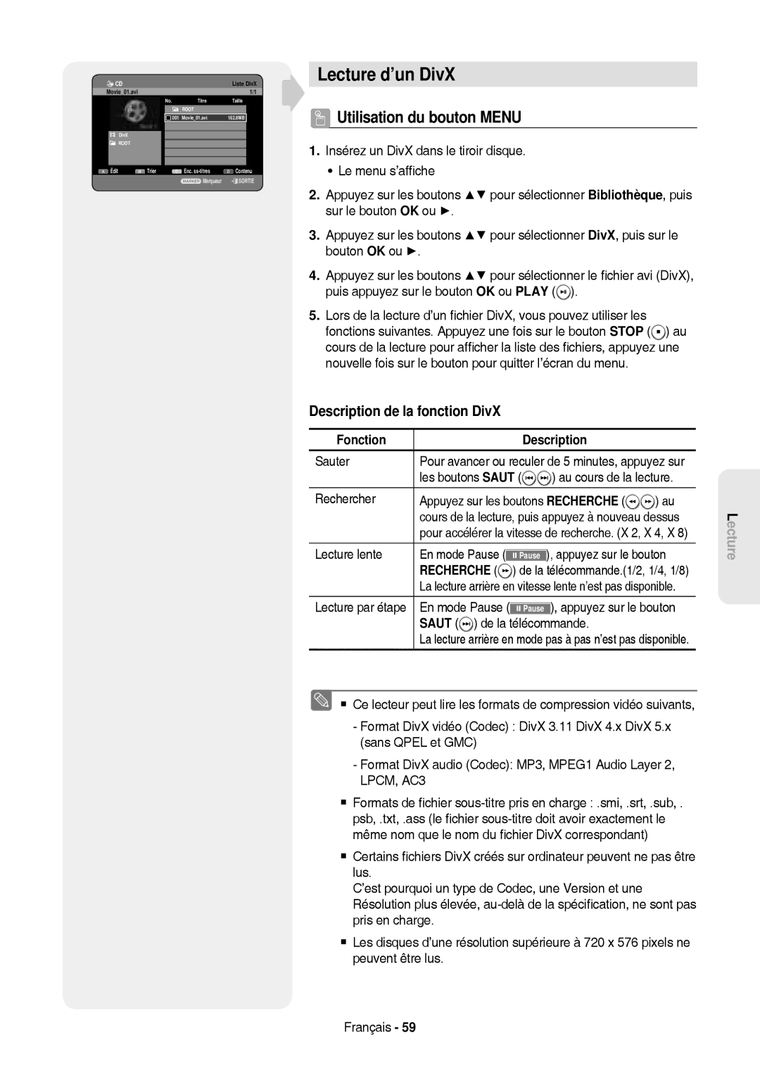 Samsung DVD-HR757/XEG Lecture d’un DivX, Utilisation du bouton Menu, Description de la fonction DivX, Fonction Description 