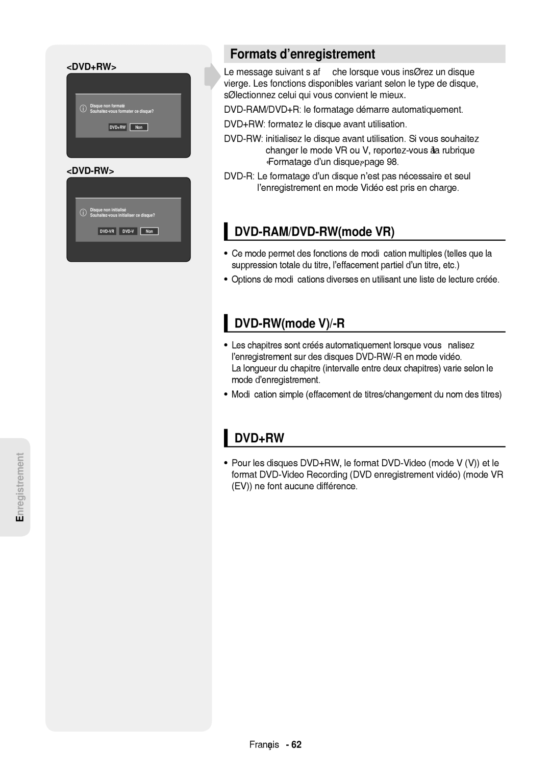 Samsung DVD-HR757/XEB, DVD-HR757/XEG manual Formats d’enregistrement, DVD-RAM/DVD-RWmode VR, DVD-RWmode V/-R 