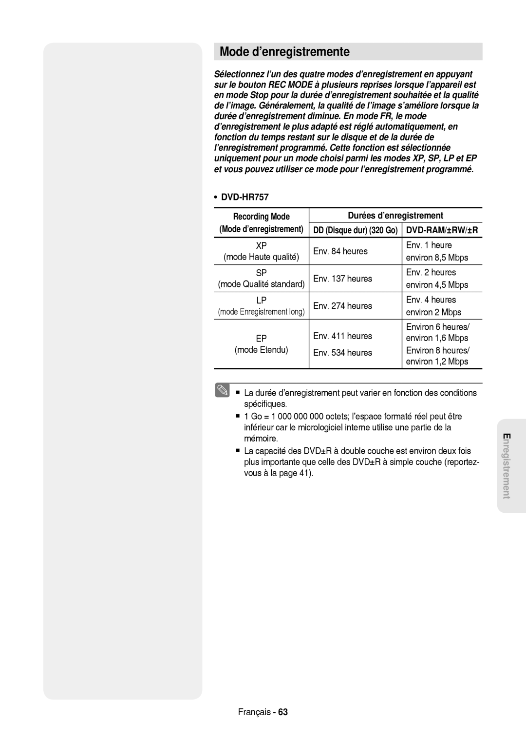 Samsung DVD-HR757/XEG, DVD-HR757/XEB manual Mode d’enregistremente, DVD-HR757 Recording Mode Durées d’enregistrement 
