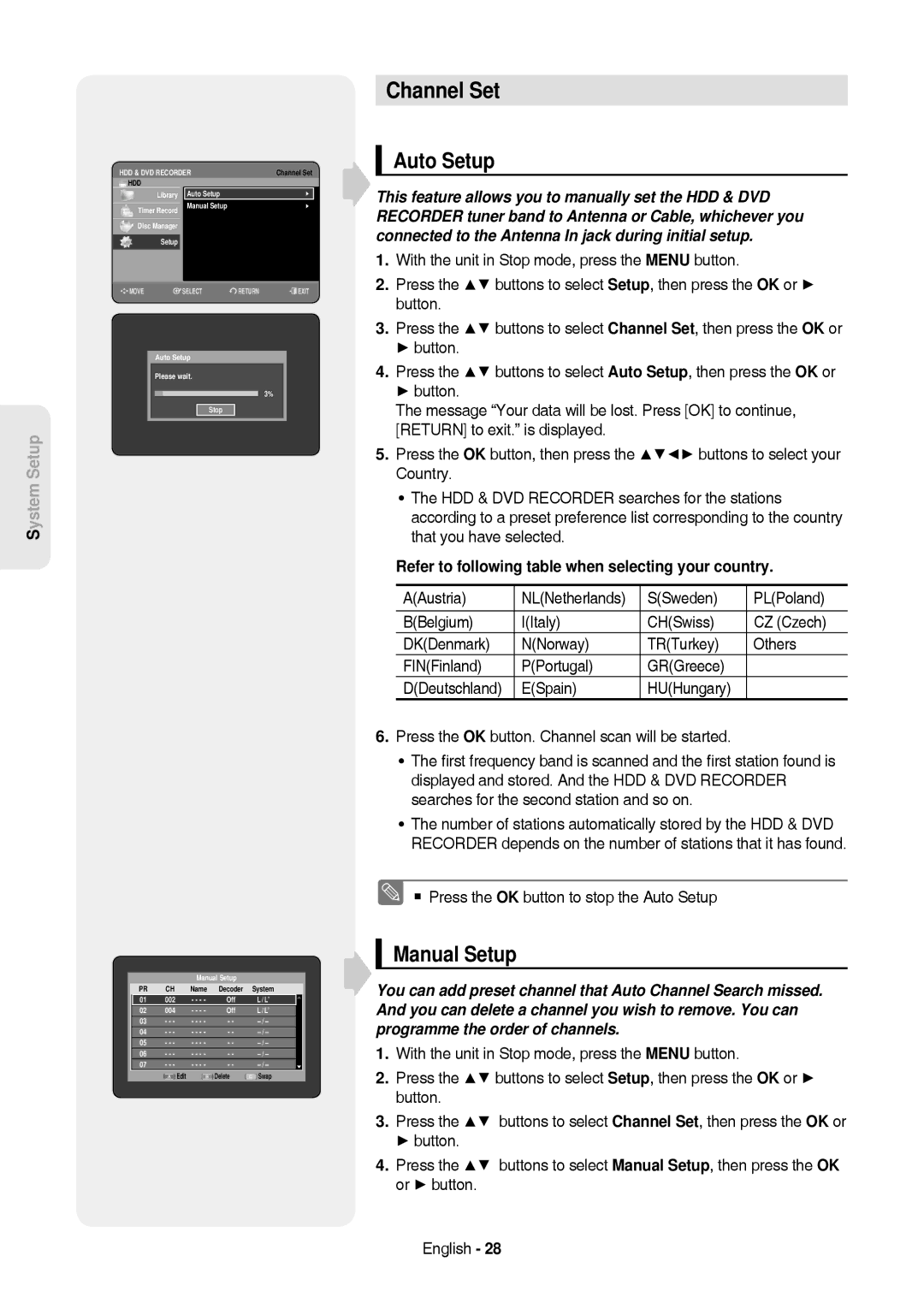 Samsung DVD-HR757/XEG manual Channel Set, Auto Setup, Manual Setup, Refer to following table when selecting your country 