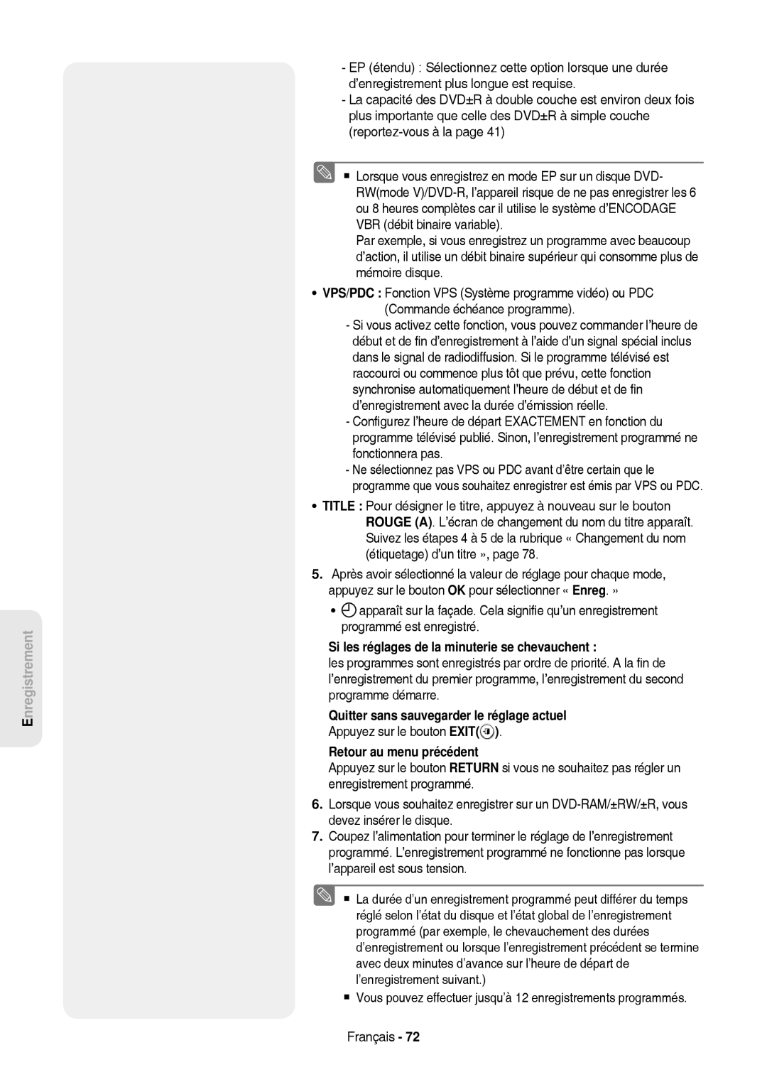 Samsung DVD-HR757/XEB manual Si les réglages de la minuterie se chevauchent, Quitter sans sauvegarder le réglage actuel 