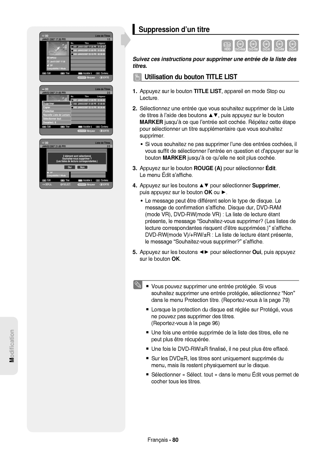 Samsung DVD-HR757/XEB, DVD-HR757/XEG manual Suppression d’un titre, AMarqueur ESORTIE Liste de Titres JAN/02/2007 2100 PR1 