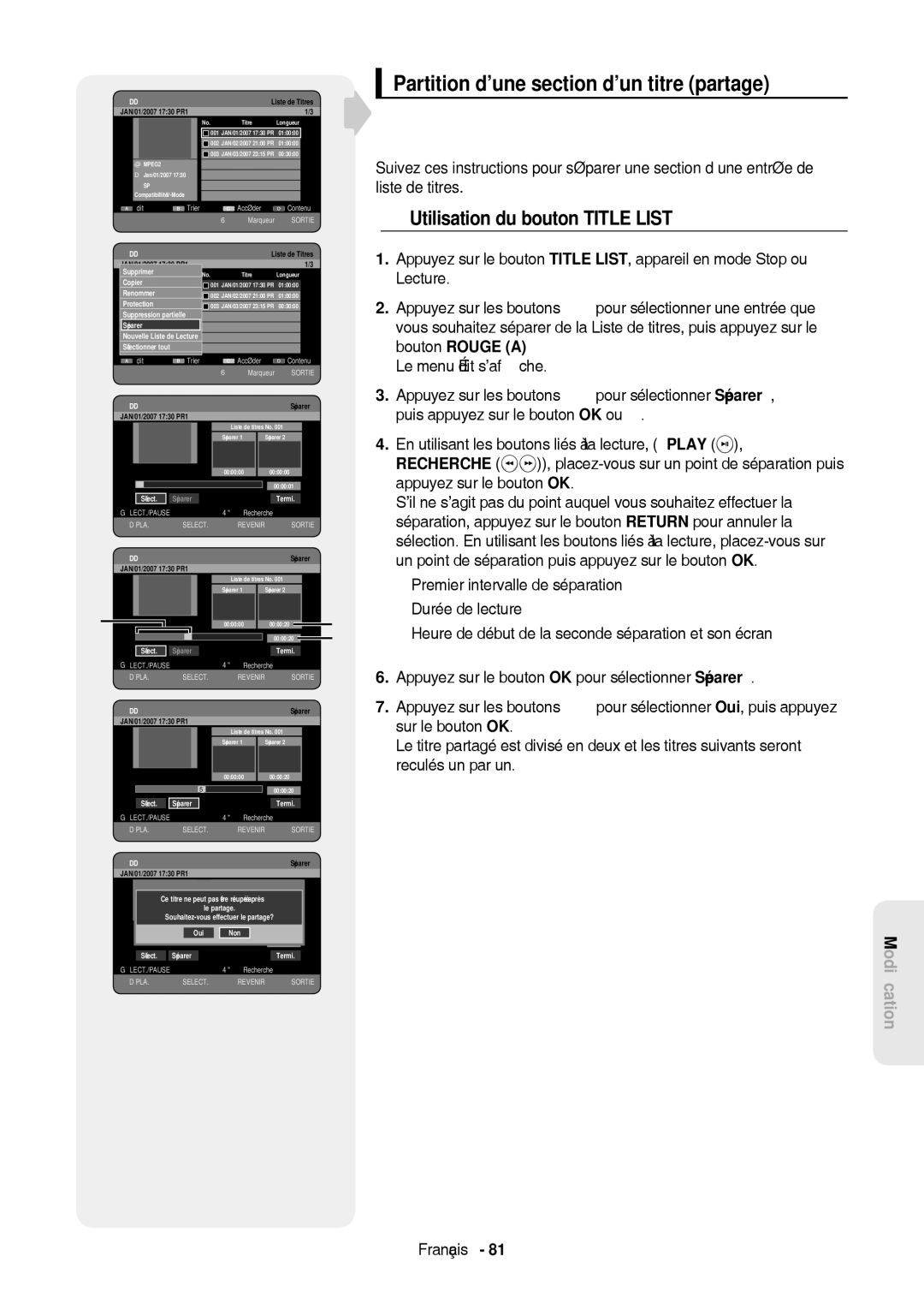 Samsung DVD-HR757/XEG, DVD-HR757/XEB manual Partition d’une section d’un titre partage, Sur le bouton OK, Reculés un par un 