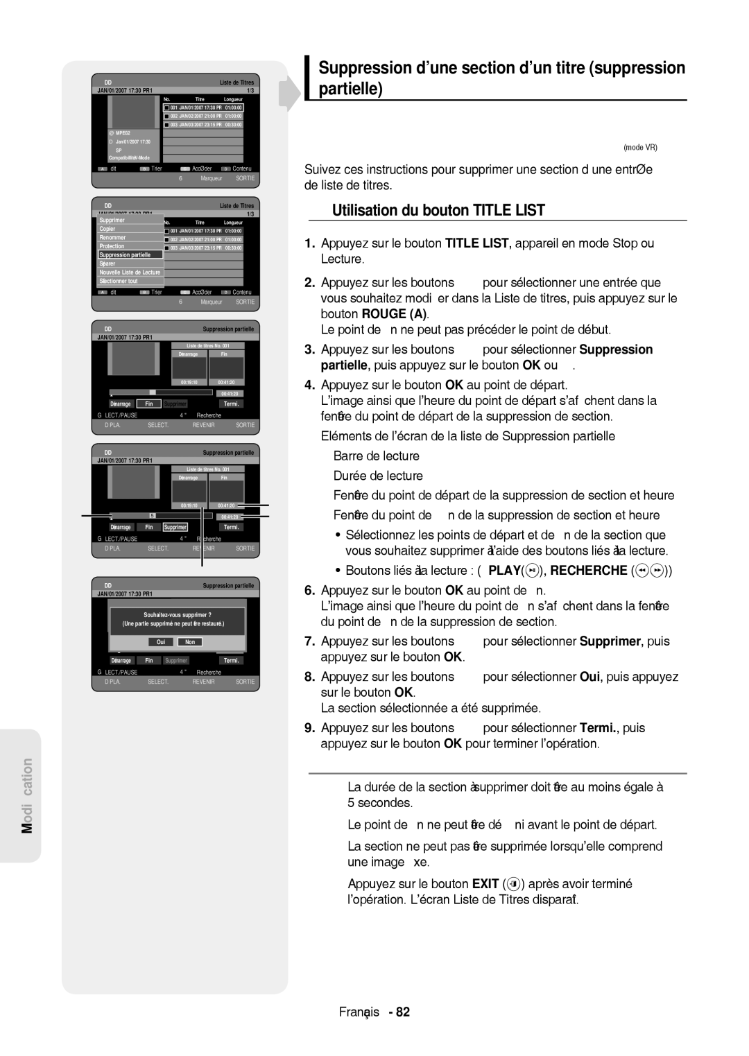 Samsung DVD-HR757/XEB, DVD-HR757/XEG manual Suppression d’une section d’un titre suppression partielle 