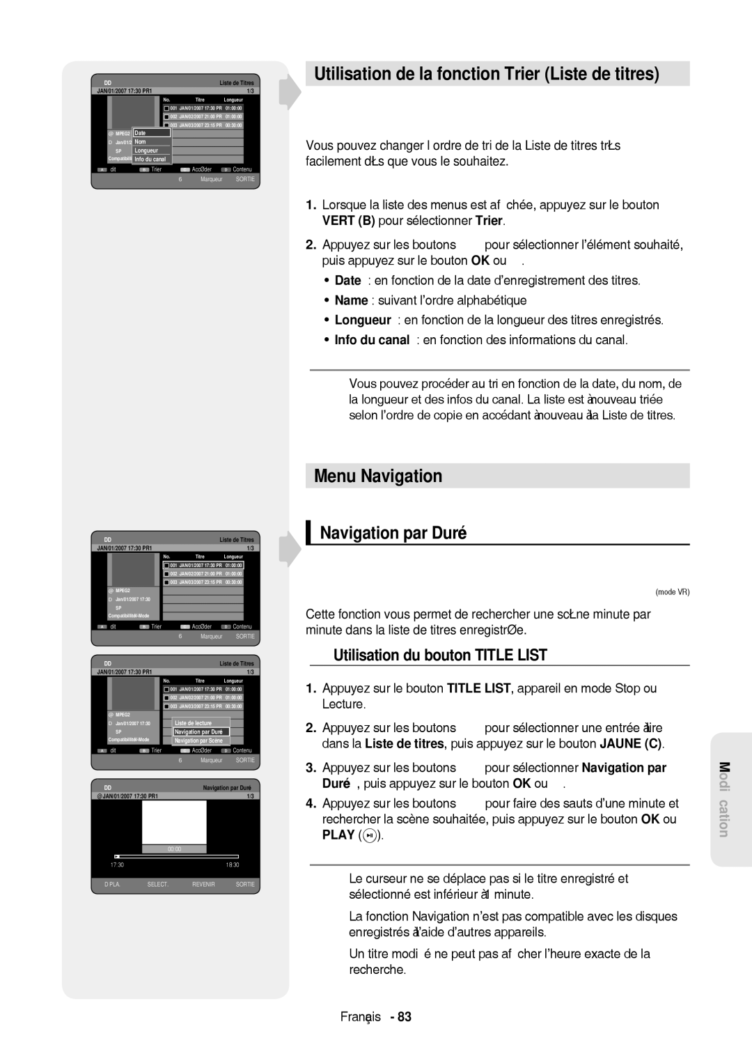 Samsung DVD-HR757/XEG Utilisation de la fonction Trier Liste de titres, Menu Navigation, Navigation par Durée, Longueur 