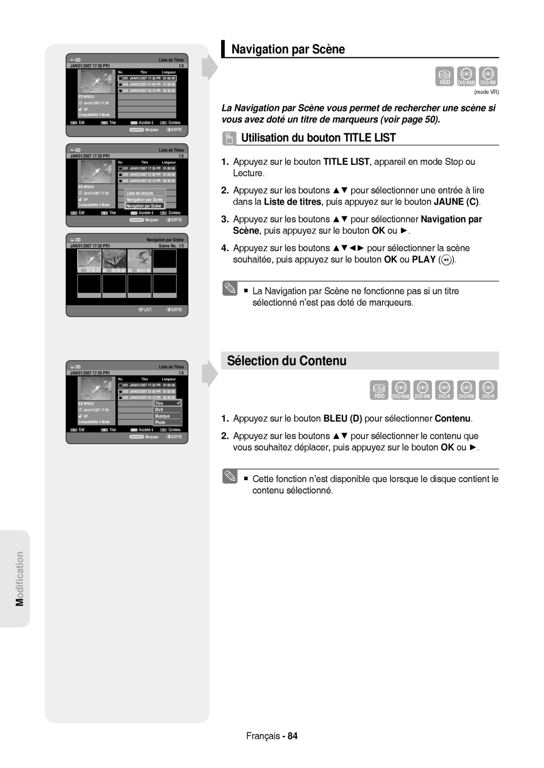 Samsung DVD-HR757/XEB, DVD-HR757/XEG manual Sélection du Contenu, Navigation par Scène, Scène No /3 