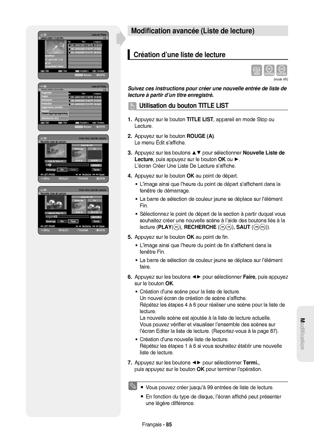 Samsung DVD-HR757/XEG manual Modiﬁcation avancée Liste de lecture, Création d’une liste de lecture, Fin Faire Termi 