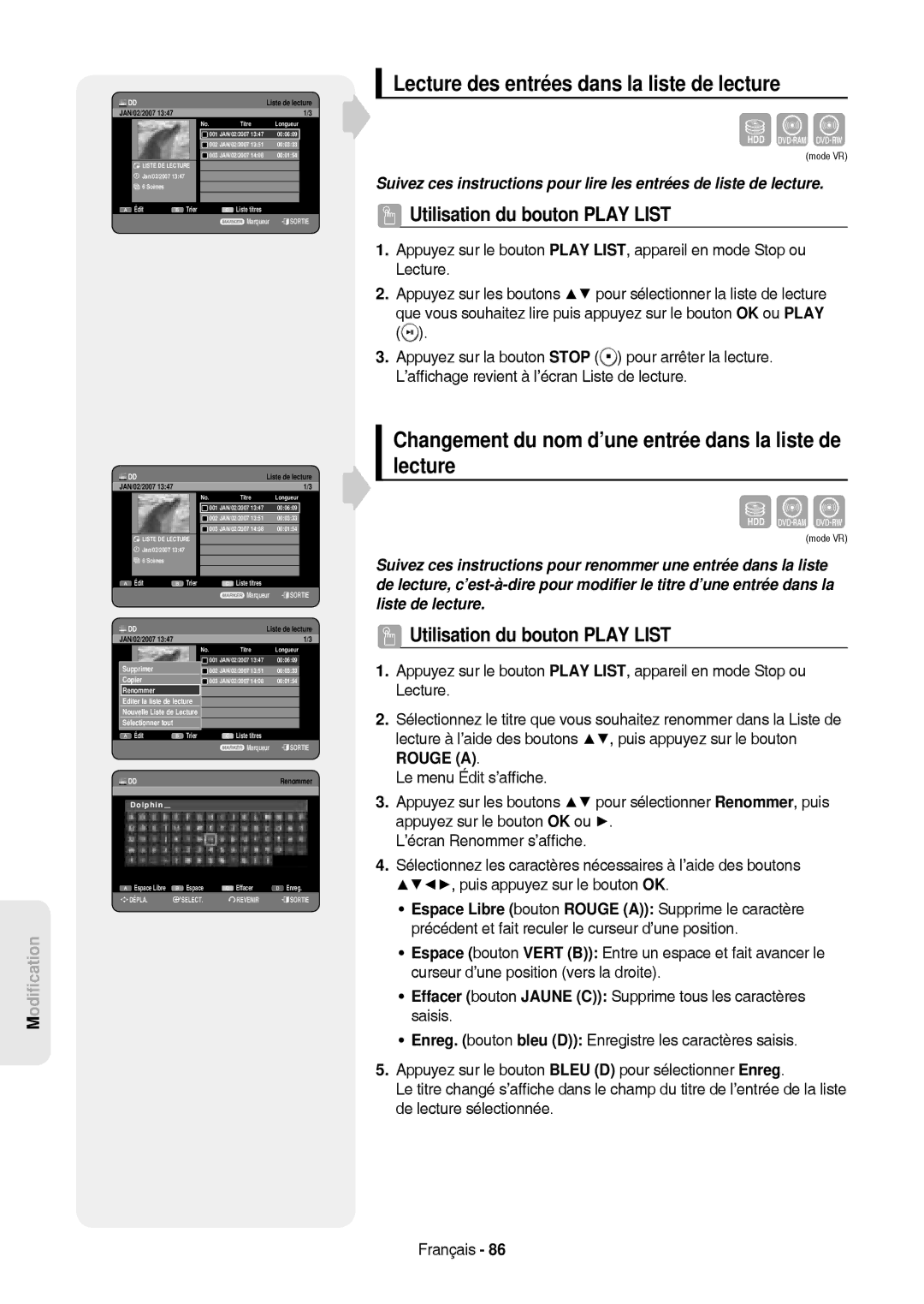 Samsung DVD-HR757/XEB, DVD-HR757/XEG manual Lecture des entrées dans la liste de lecture, Utilisation du bouton Play List 