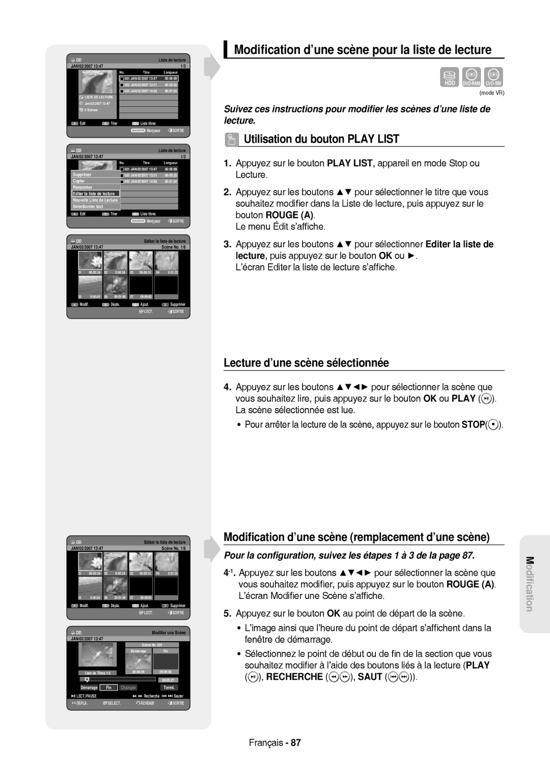 Samsung DVD-HR757/XEG Modiﬁcation d’une scène pour la liste de lecture, Lecture d’une scène sélectionnée, Recherche , Saut 