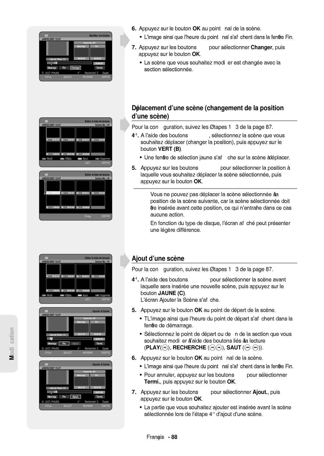 Samsung DVD-HR757/XEB, DVD-HR757/XEG manual Ajout d’une scène, Bouton Jaune C, Saut 