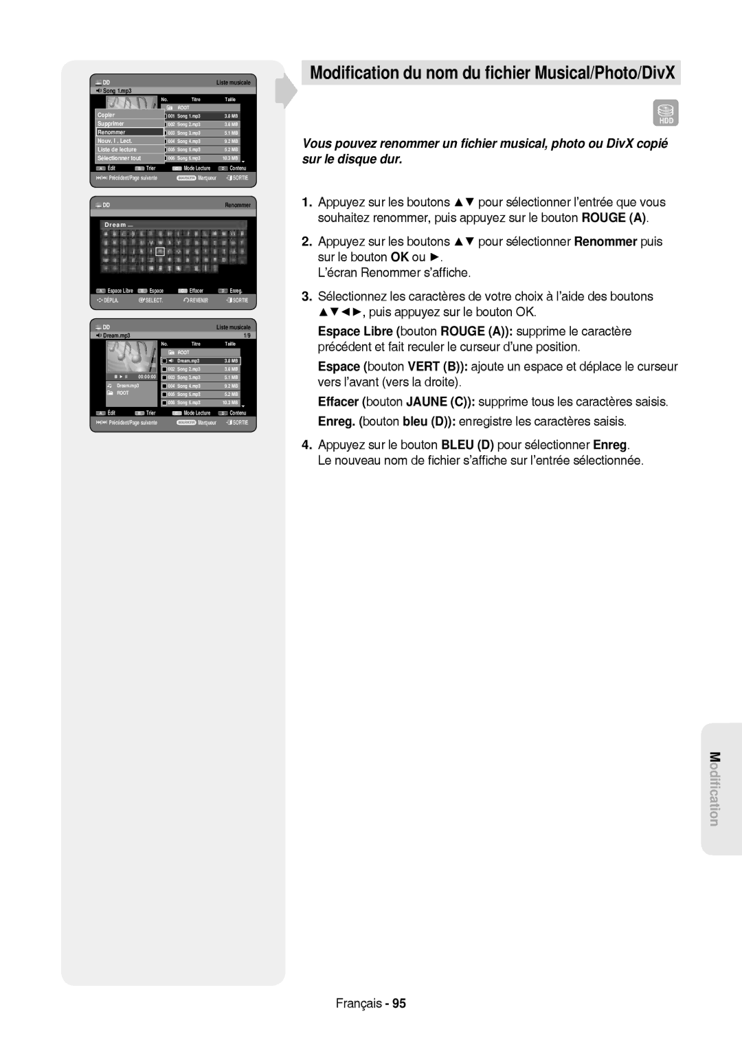 Samsung DVD-HR757/XEG, DVD-HR757/XEB manual Modiﬁcation du nom du ﬁchier Musical/Photo/DivX, Song 1.mp3 