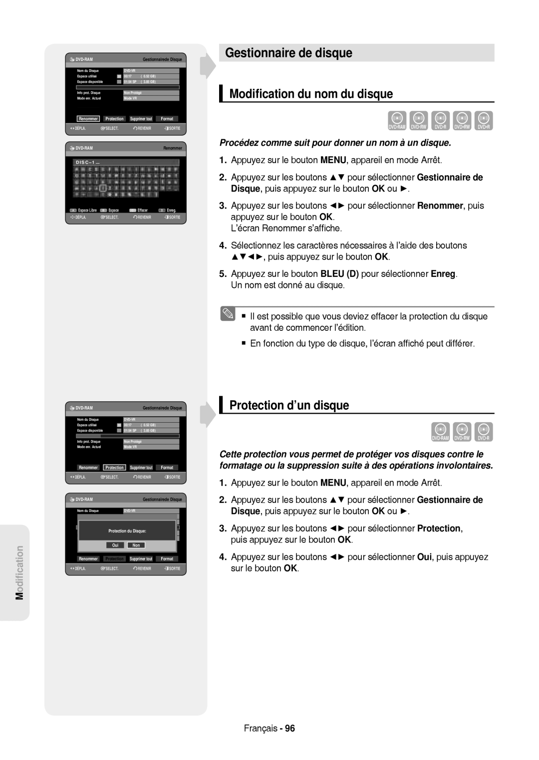 Samsung DVD-HR757/XEB, DVD-HR757/XEG manual Gestionnaire de disque, Modiﬁcation du nom du disque, Protection d’un disque 