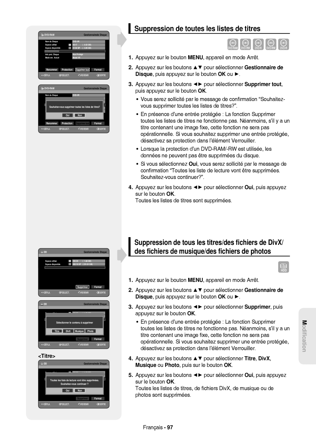 Samsung DVD-HR757/XEG, DVD-HR757/XEB manual Suppression de toutes les listes de titres, Titre, Supprimer Format 