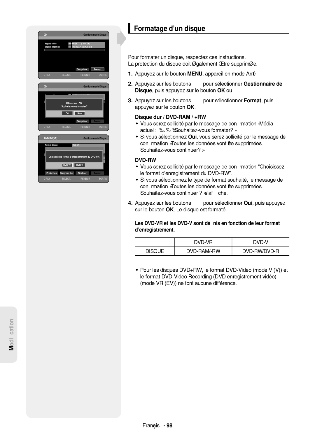 Samsung DVD-HR757/XEB, DVD-HR757/XEG manual Formatage d’un disque, Disque dur / DVD-RAM / +RW 