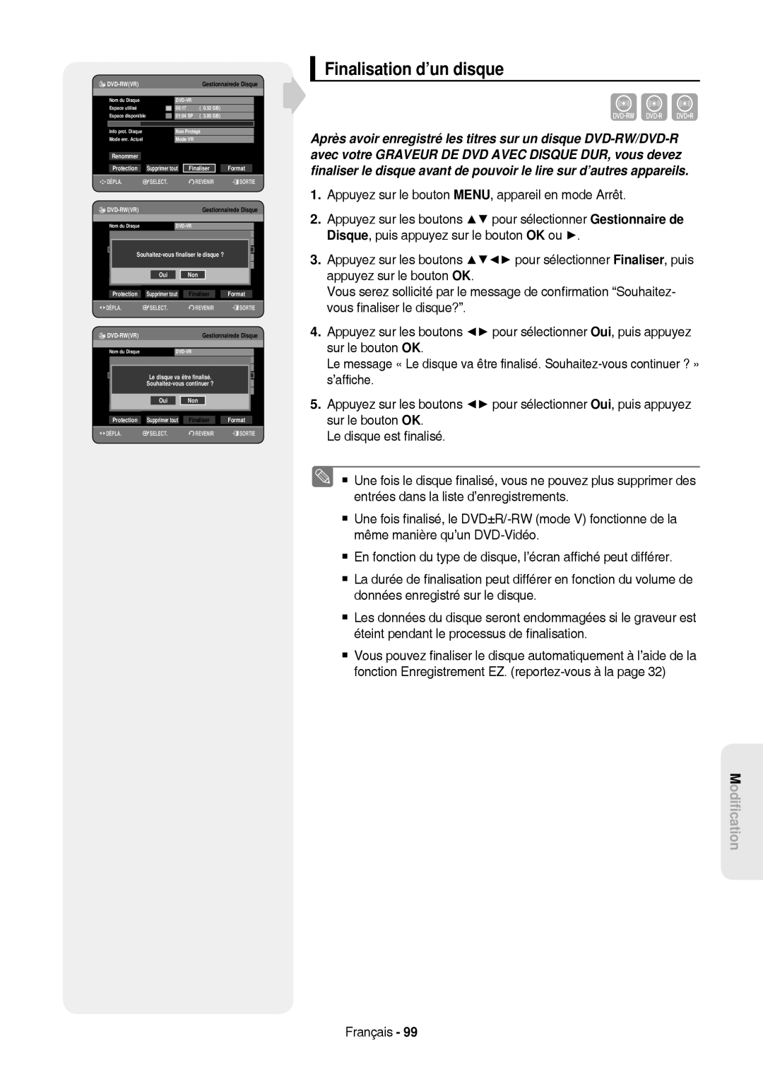 Samsung DVD-HR757/XEG, DVD-HR757/XEB manual Finalisation d’un disque, Renommer Protection, Finaliser Format 