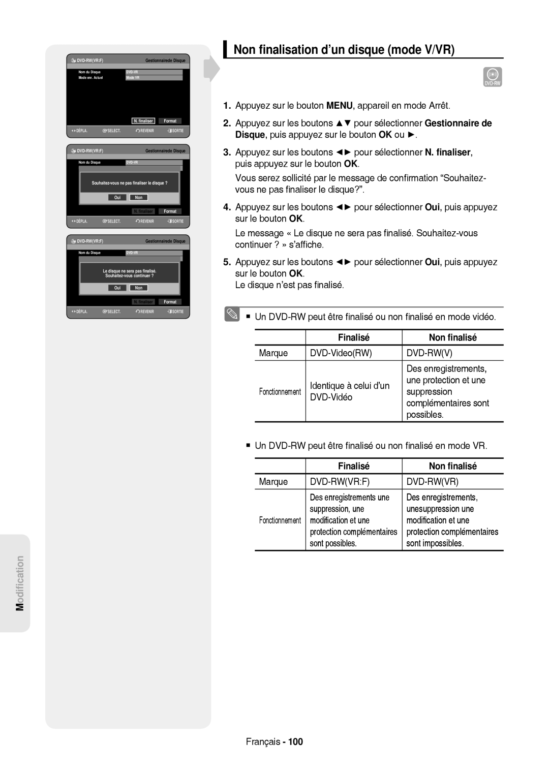 Samsung DVD-HR757/XEB, DVD-HR757/XEG manual Non ﬁnalisation d’un disque mode V/VR, Finalisé Non ﬁnalisé 