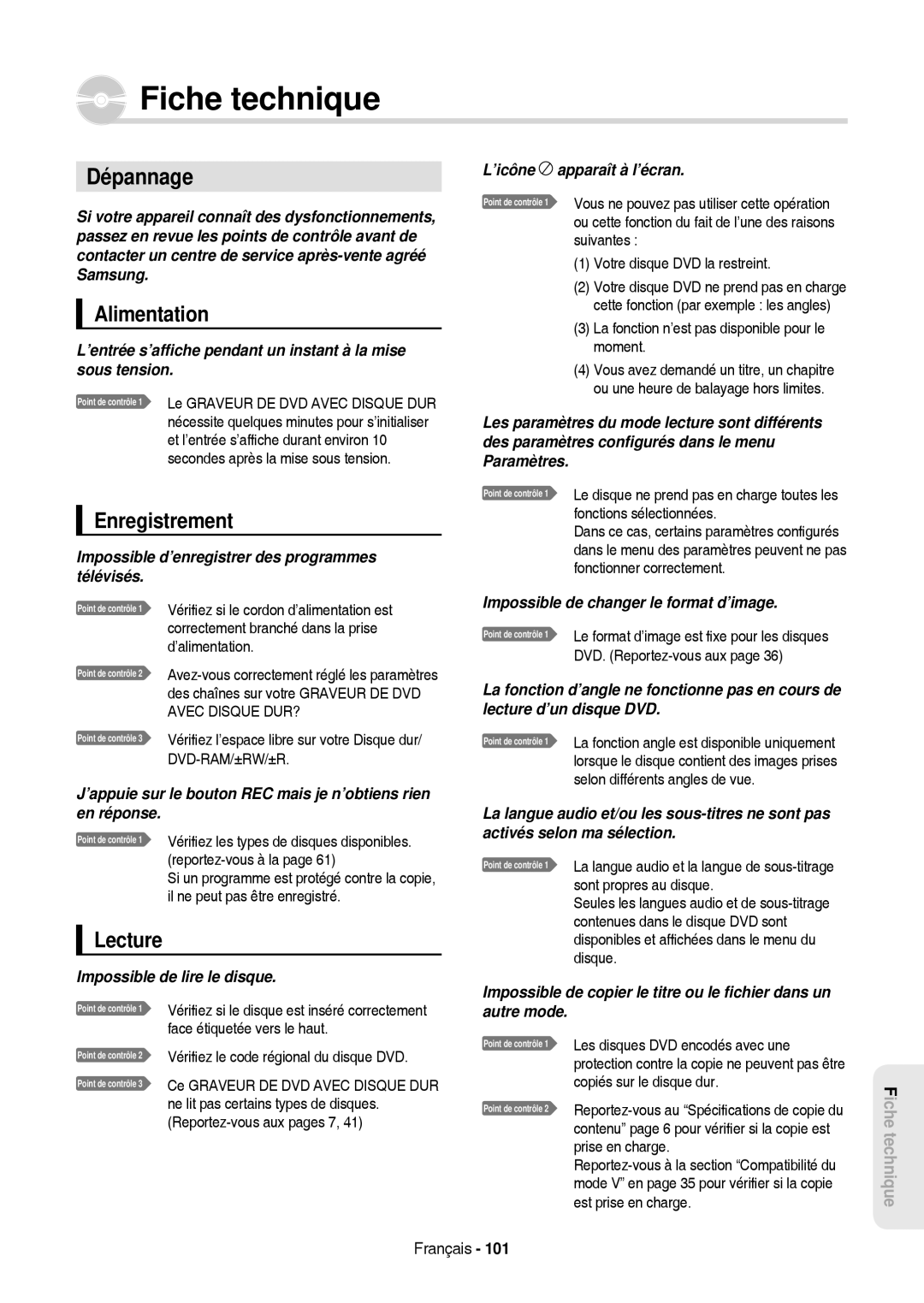 Samsung DVD-HR757/XEG, DVD-HR757/XEB manual Fiche technique, Dépannage, Alimentation, Enregistrement, Lecture 