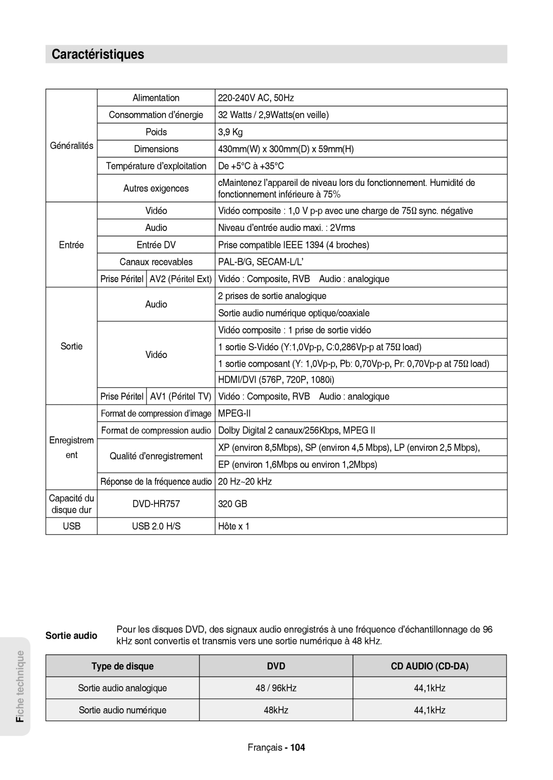 Samsung DVD-HR757/XEB, DVD-HR757/XEG manual Caractéristiques, Sortie audio, Type de disque 