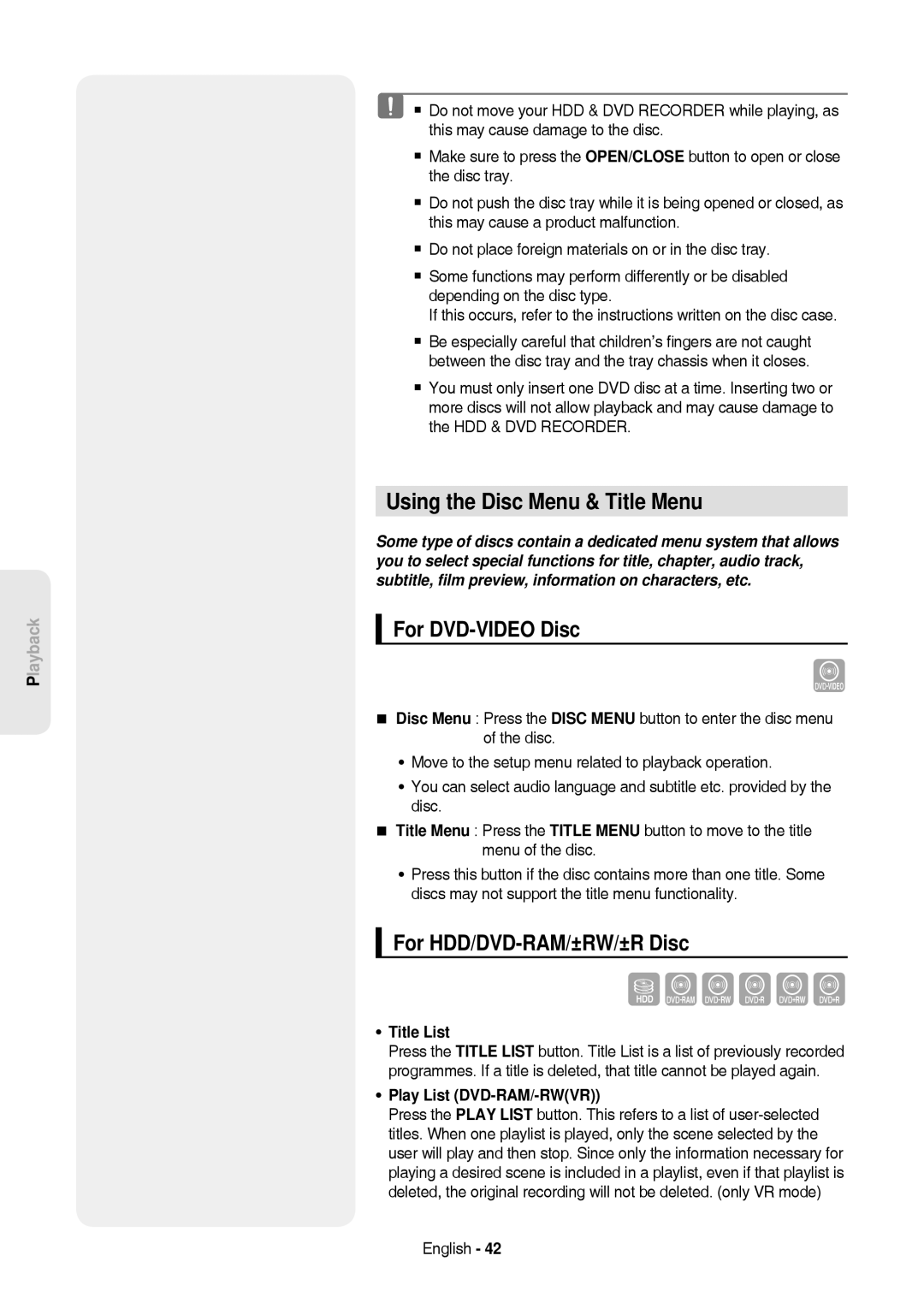 Samsung DVD-HR757/XEG manual Using the Disc Menu & Title Menu, For DVD-VIDEO Disc, For HDD/DVD-RAM/±RW/±R Disc, Title List 