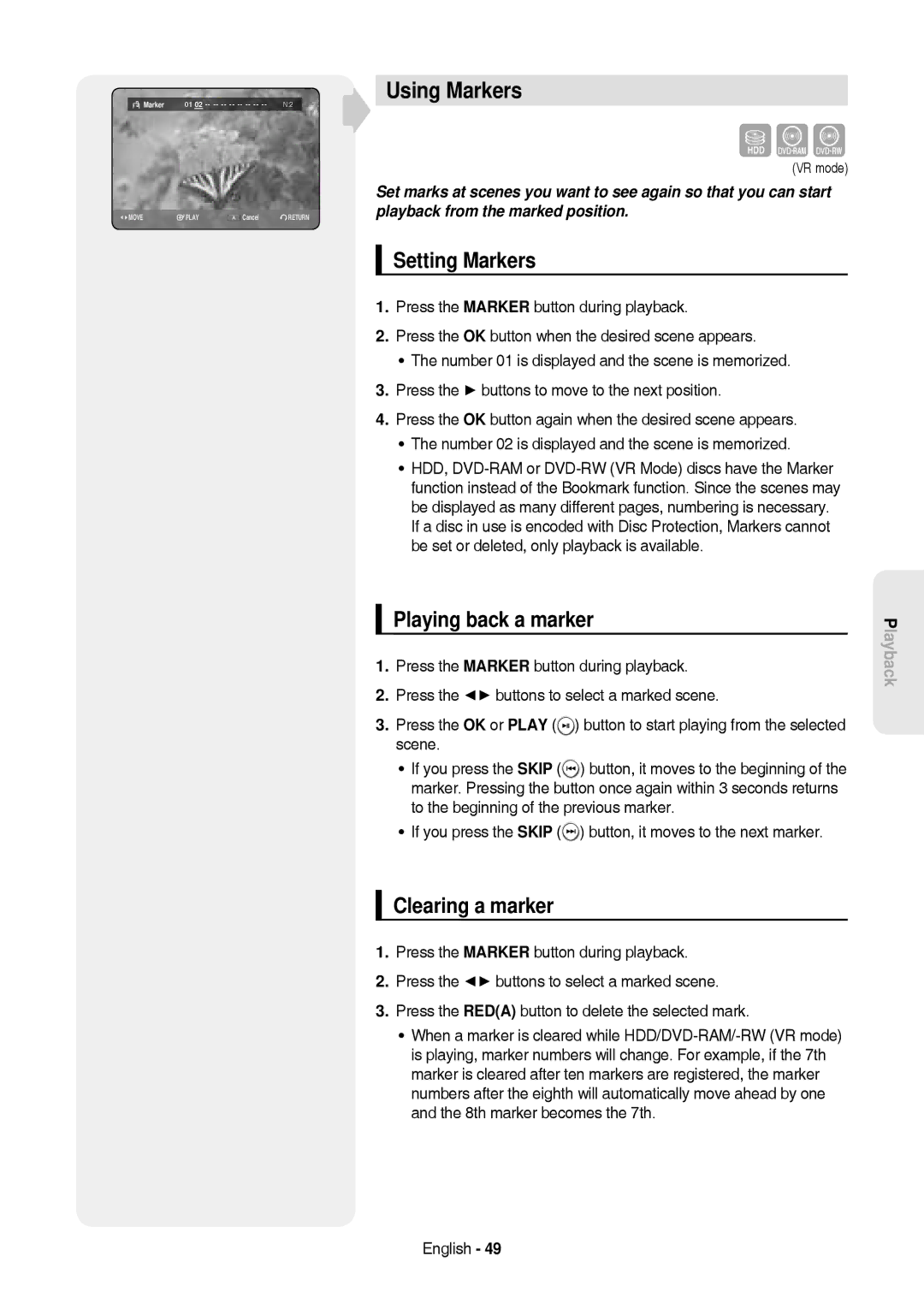 Samsung DVD-HR757/XEB, DVD-HR757/XEG Using Markers, Setting Markers, Playing back a marker, Clearing a marker, VR mode 