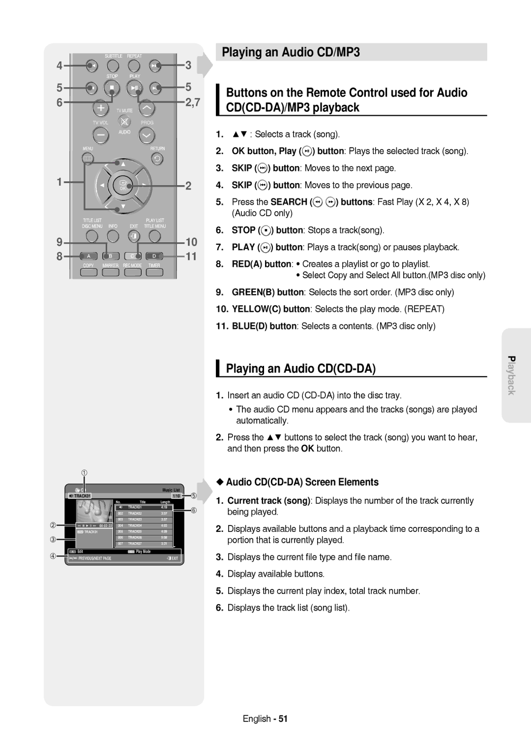 Samsung DVD-HR757/XEB manual Playing an Audio CD/MP3, Playing an Audio CDCD-DA, Audio CDCD-DA Screen Elements, Music List 