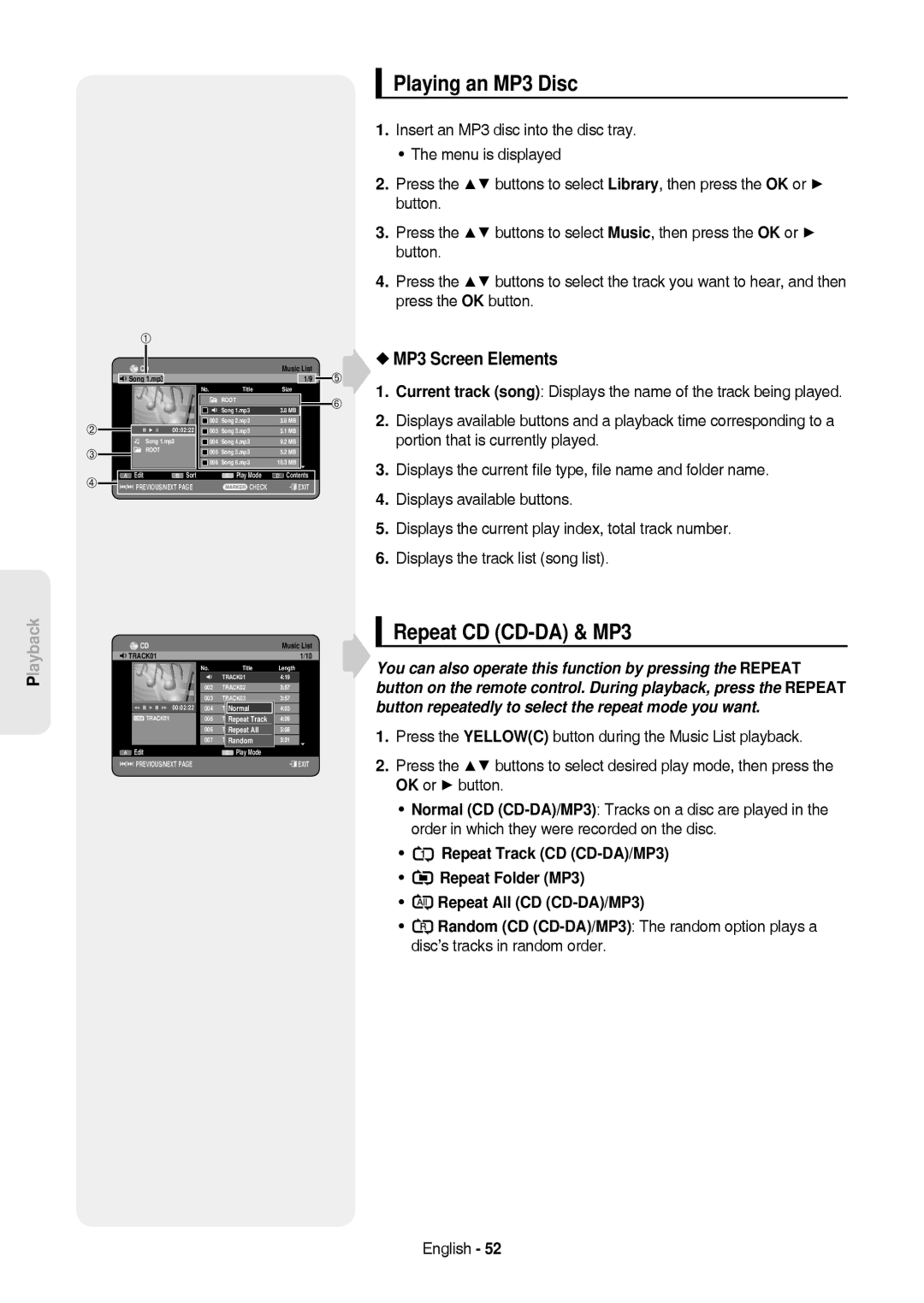 Samsung DVD-HR757/XEG, DVD-HR757/XEB manual Playing an MP3 Disc, Repeat CD CD-DA & MP3, MP3 Screen Elements 