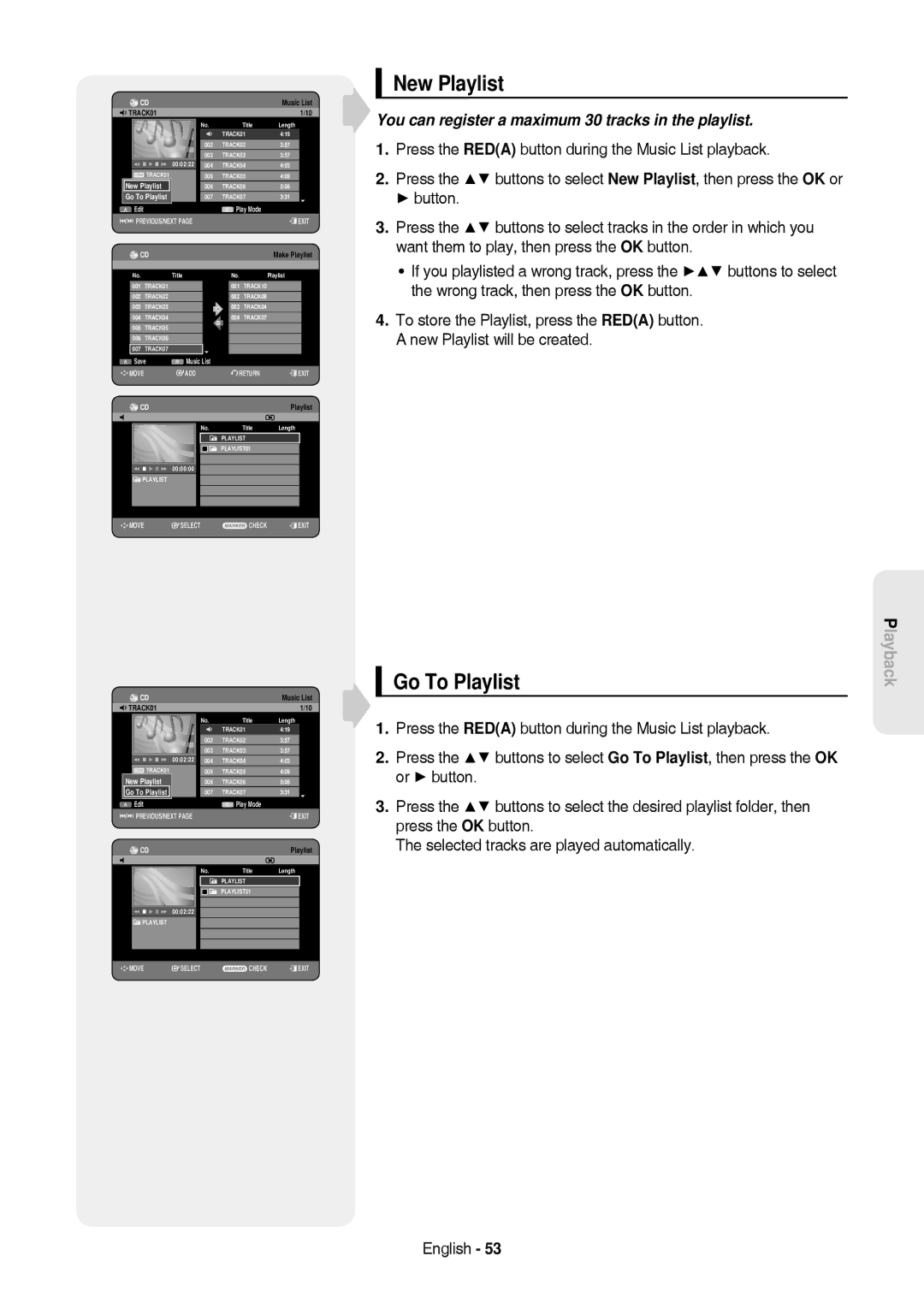 Samsung DVD-HR757/XEB, DVD-HR757/XEG New Playlist, Go To Playlist, You can register a maximum 30 tracks in the playlist 