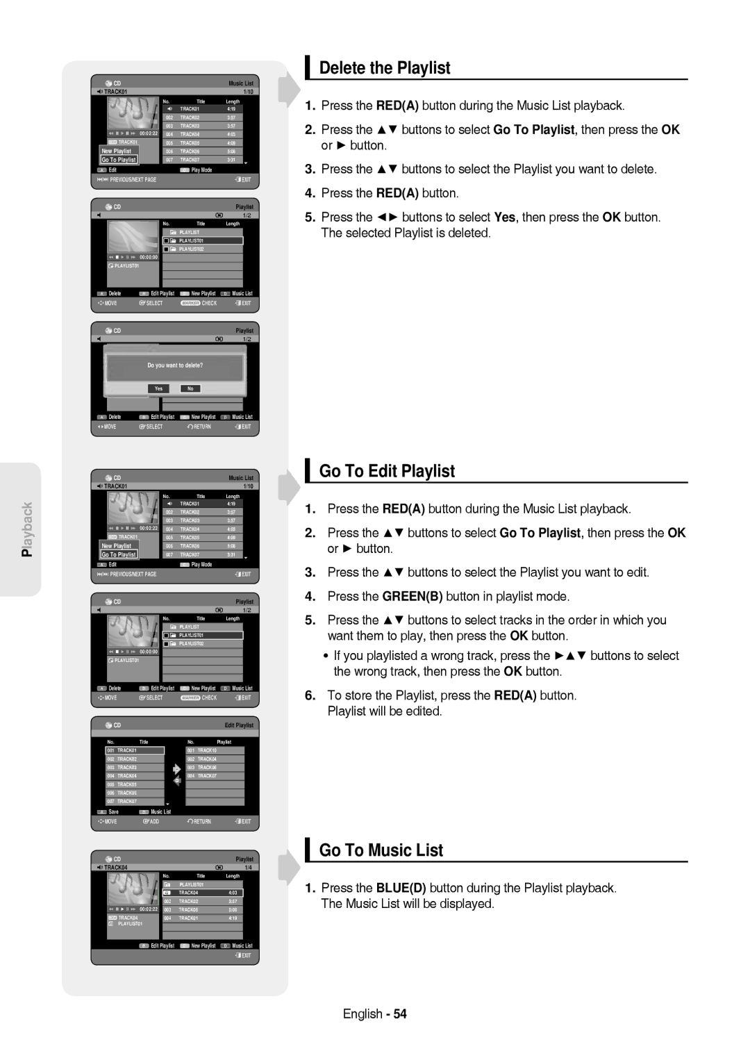 Samsung DVD-HR757/XEG manual Delete the Playlist, Go To Edit Playlist, Go To Music List, Do you wantE toPLAYLIST01delete? 