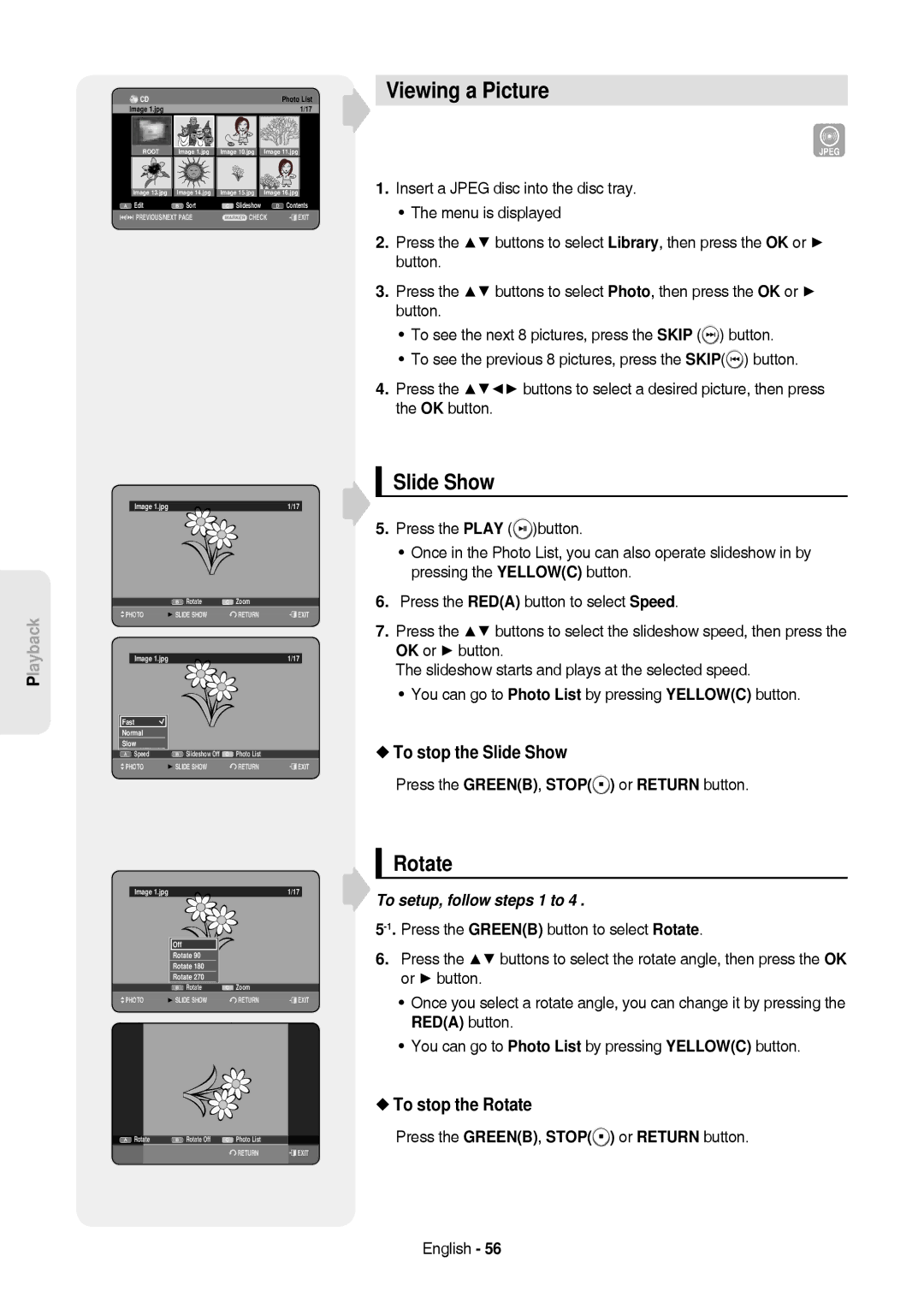 Samsung DVD-HR757/XEG, DVD-HR757/XEB manual Viewing a Picture, To stop the Slide Show, To stop the Rotate 