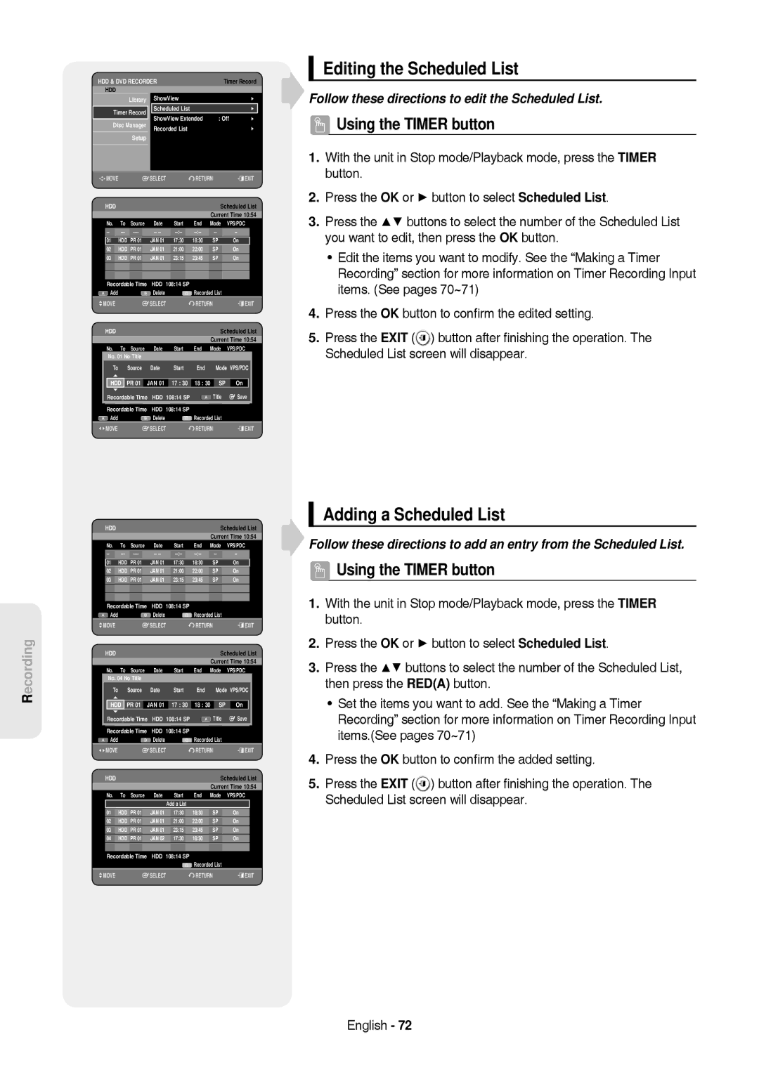 Samsung DVD-HR757/XEG, DVD-HR757/XEB manual Editing the Scheduled List, Adding a Scheduled List, Start End 