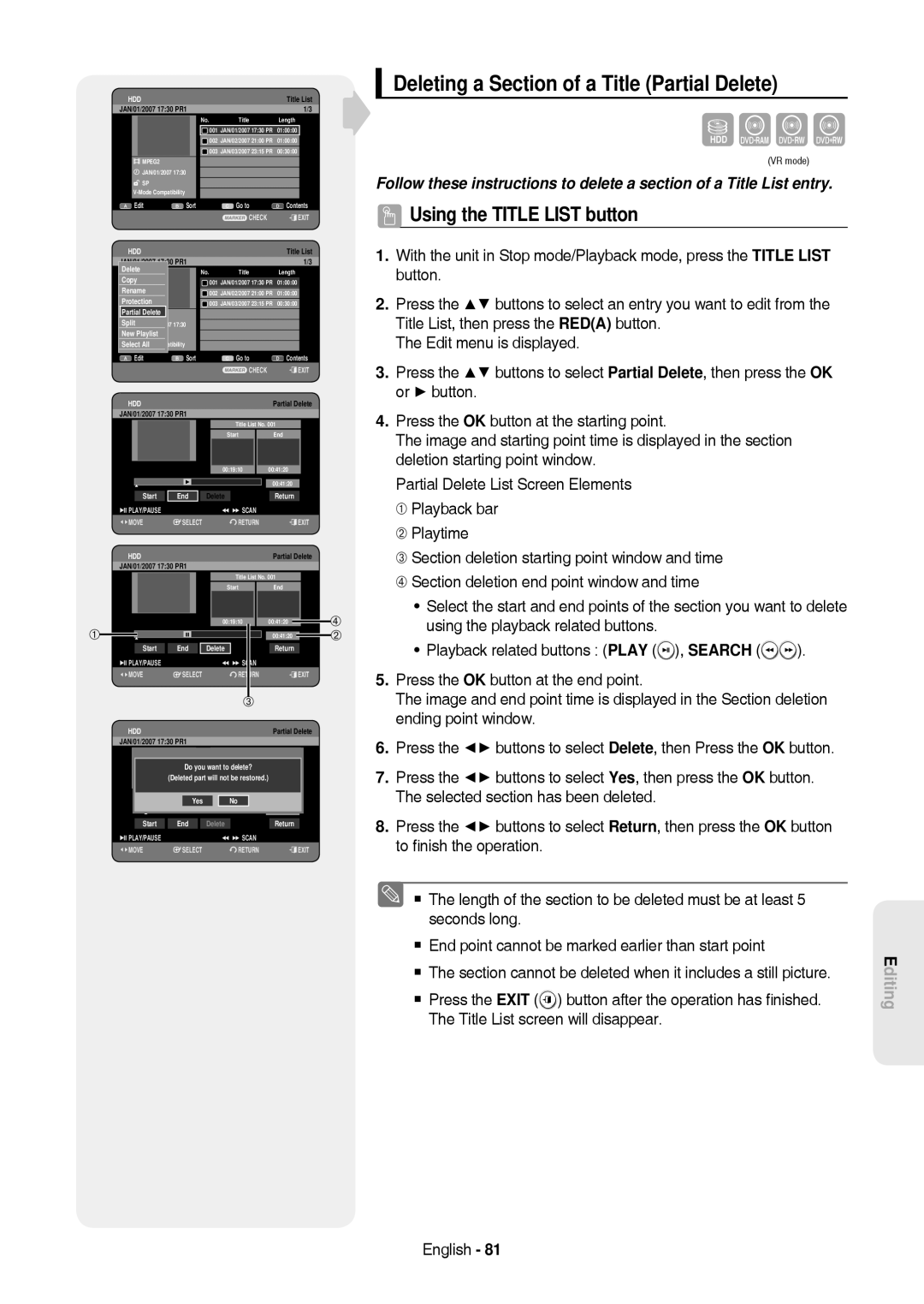 Samsung DVD-HR757/XEB Deleting a Section of a Title Partial Delete, Playback related buttons Play, Ending point window 