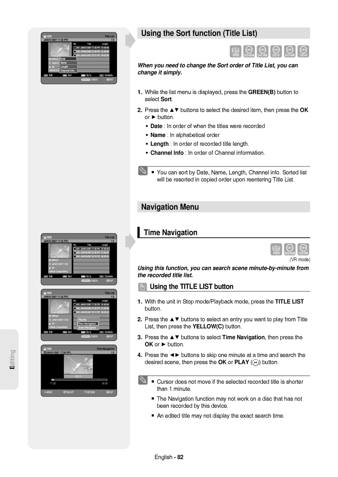 Samsung DVD-HR757/XEG, DVD-HR757/XEB manual Using the Sort function Title List, Navigation Menu, Time Navigation, Length 