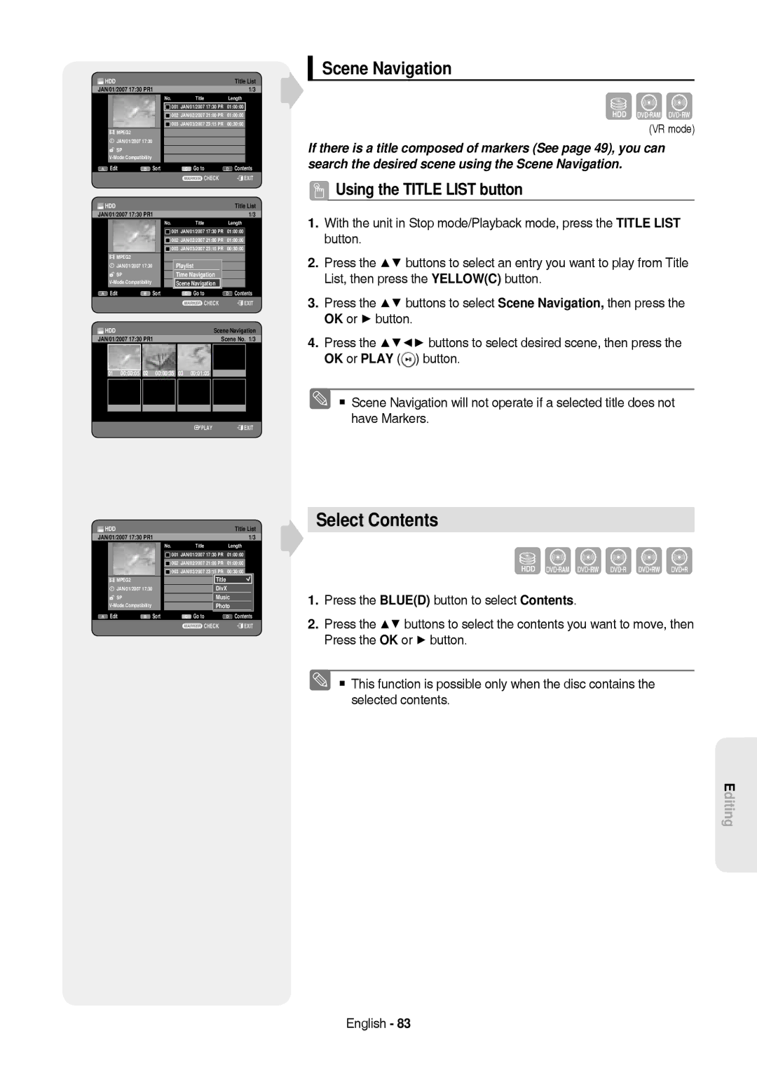 Samsung DVD-HR757/XEB, DVD-HR757/XEG manual Select Contents, Scene Navigation, 000105 