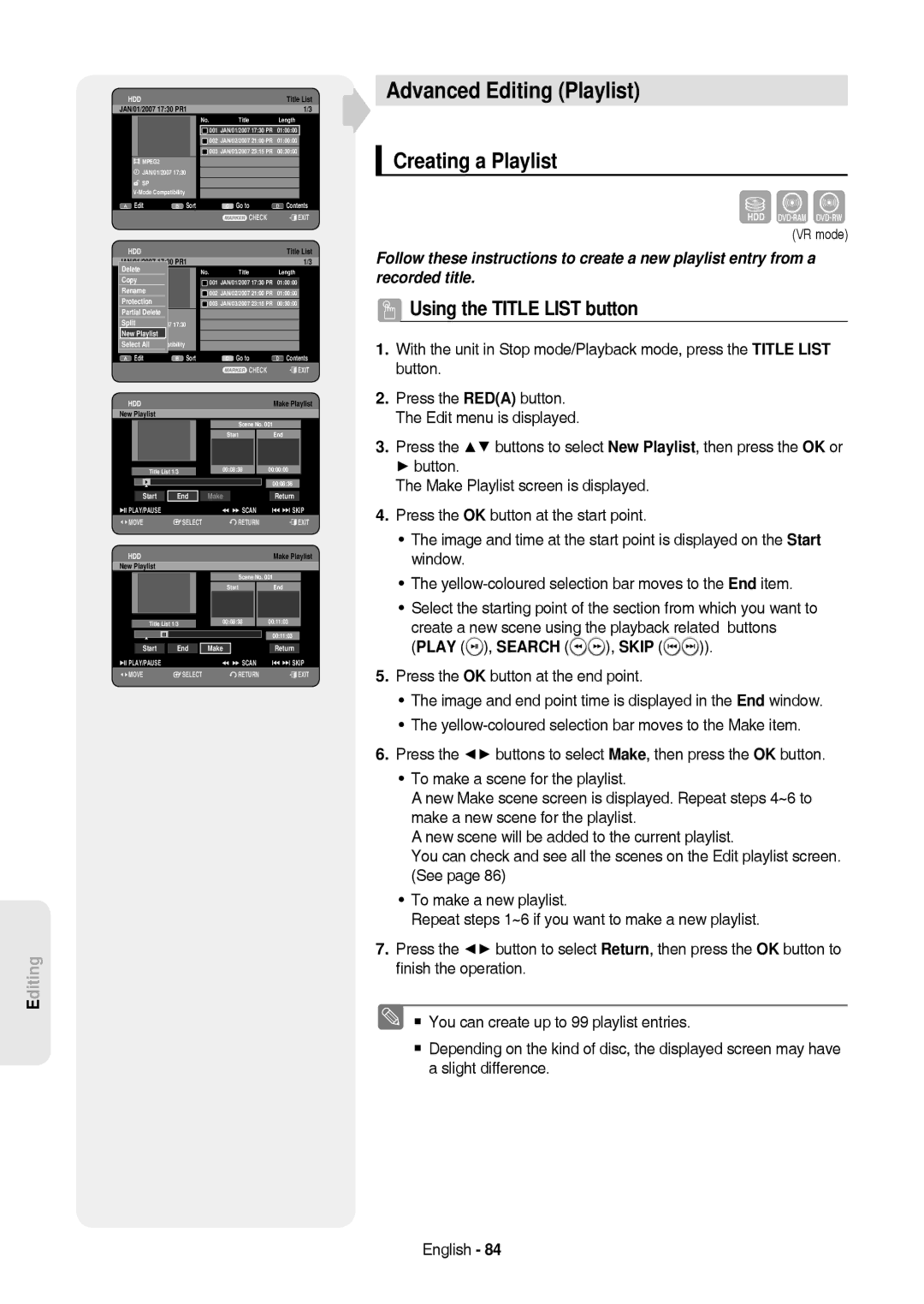 Samsung DVD-HR757/XEG, DVD-HR757/XEB manual Advanced Editing Playlist, Creating a Playlist, Play , Search , Skip 