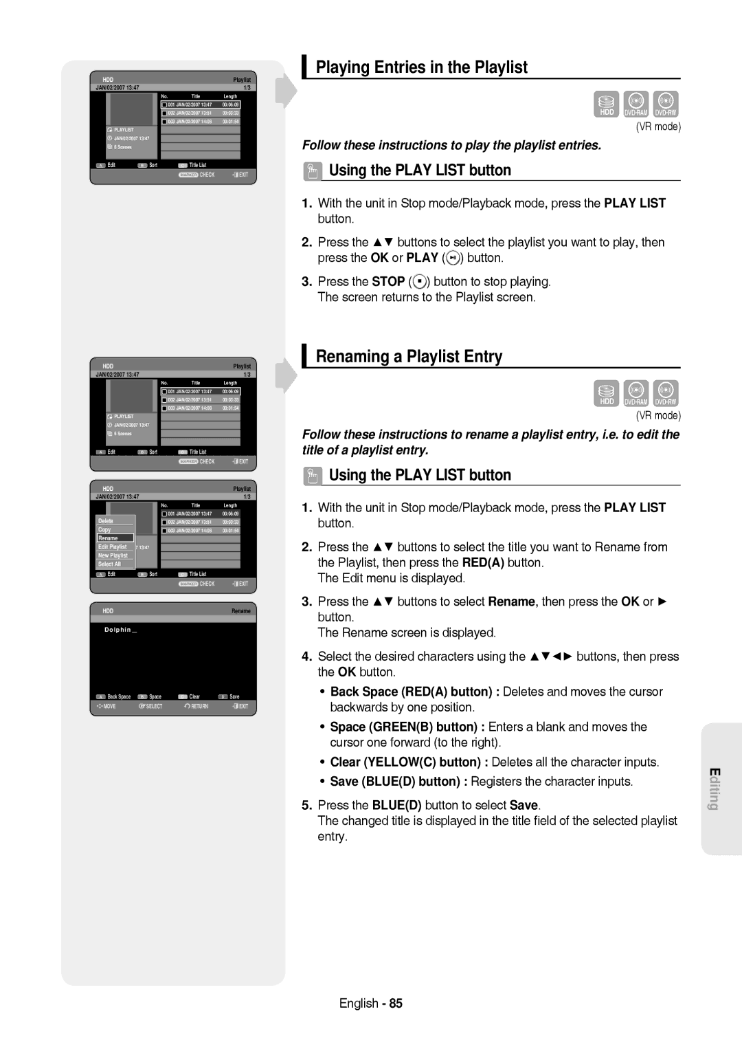 Samsung DVD-HR757/XEB manual Playing Entries in the Playlist, Renaming a Playlist Entry, Using the Play List button 