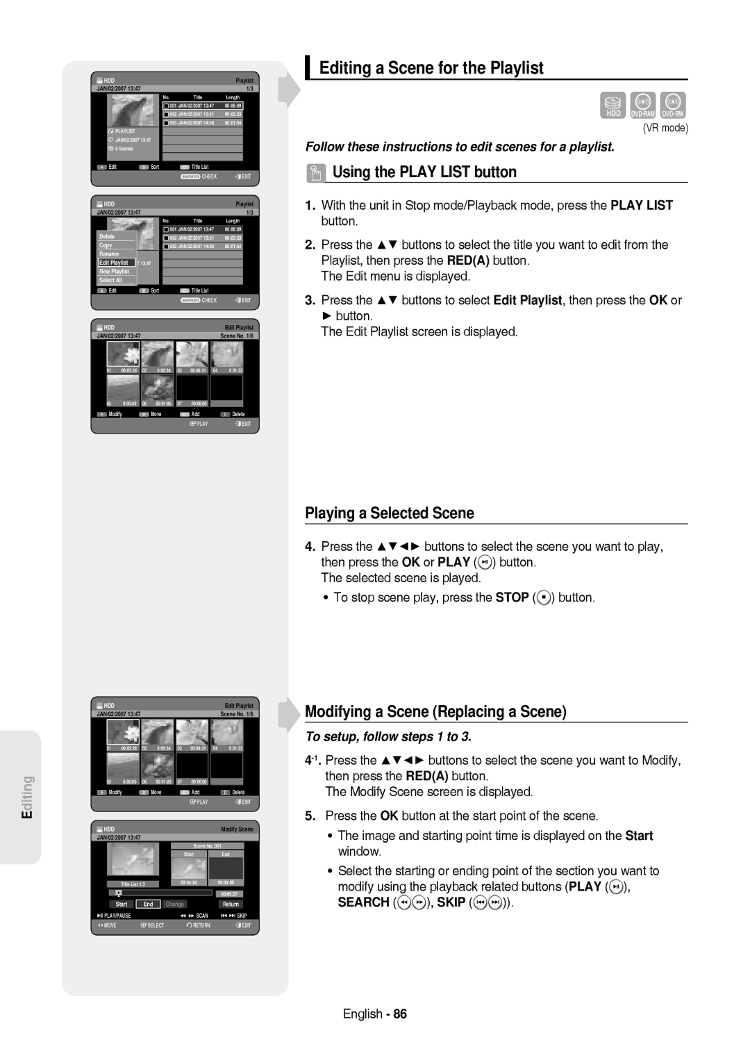 Samsung DVD-HR757/XEG Editing a Scene for the Playlist, Playing a Selected Scene, Modifying a Scene Replacing a Scene 