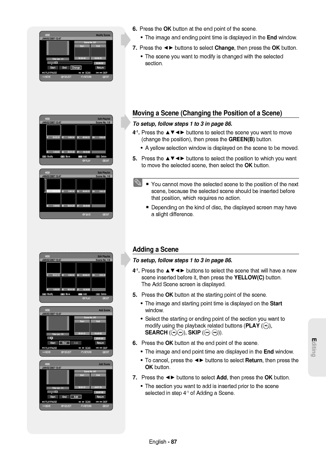 Samsung DVD-HR757/XEB, DVD-HR757/XEG manual Moving a Scene Changing the Position of a Scene, Adding a Scene 