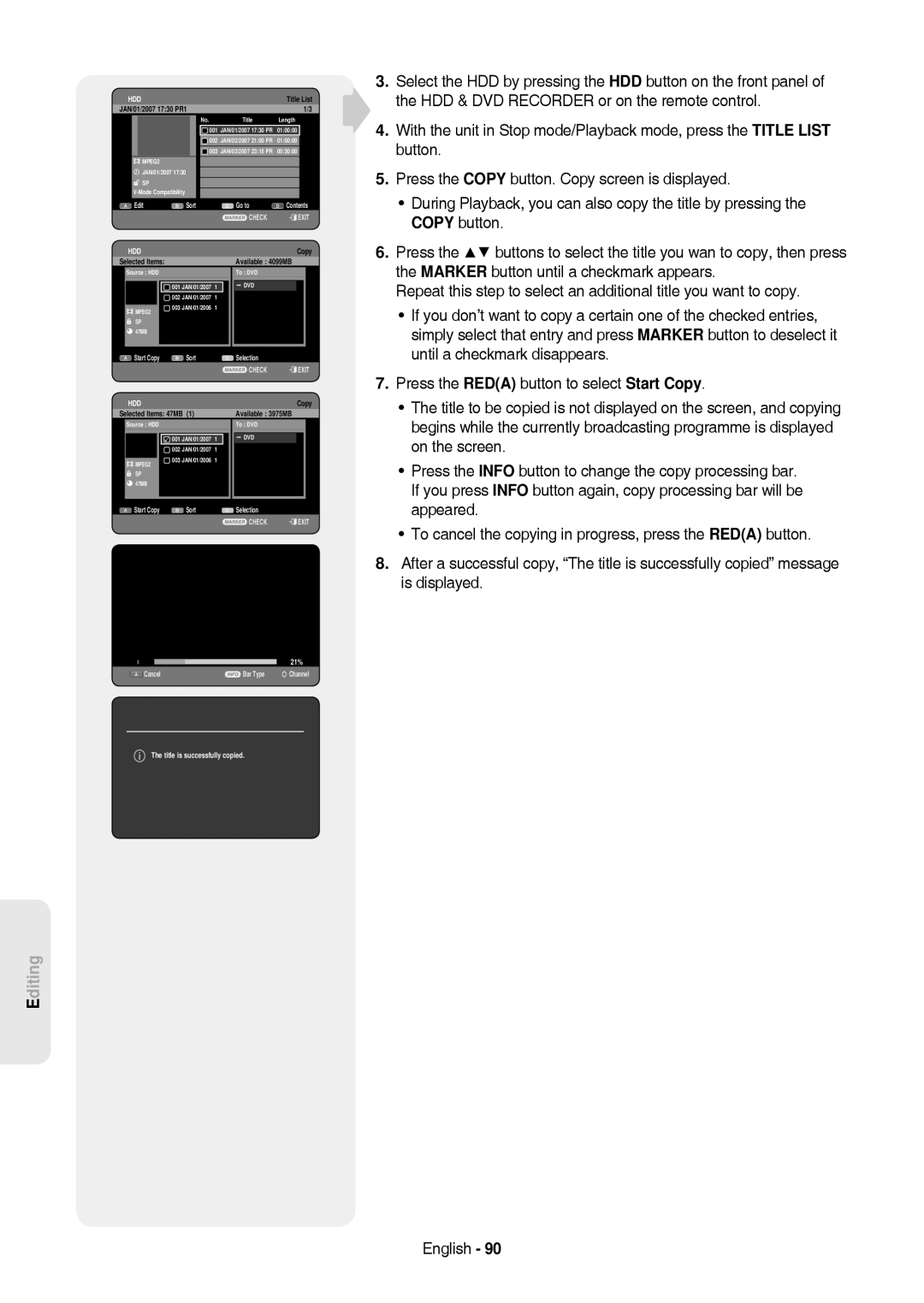 Samsung DVD-HR757/XEG, DVD-HR757/XEB manual Available 4099MB, Available 3975MB, 21%, Title is successfully copied 