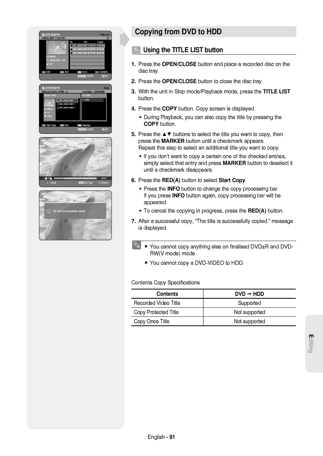 Samsung DVD-HR757/XEB, DVD-HR757/XEG manual Copying from DVD to HDD, Available 235993MB 