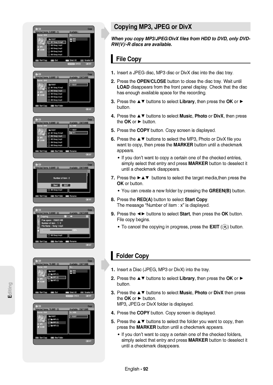 Samsung DVD-HR757/XEG, DVD-HR757/XEB manual Copying MP3, Jpeg or DivX, File Copy, Folder Copy 