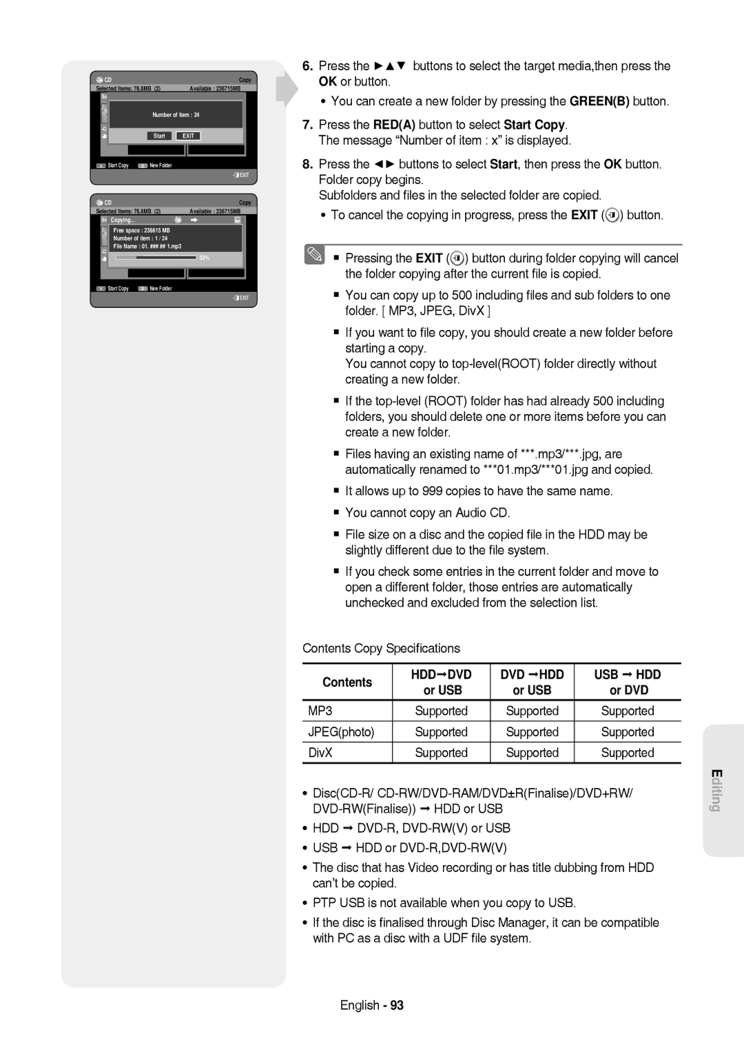 Samsung DVD-HR757/XEB manual JPEGphoto, DiscCD-R/ CD-RW/DVD-RAM/DVD±RFinalise/DVD+RW, DVD-RWFinalise HDD or USB, Or USB 