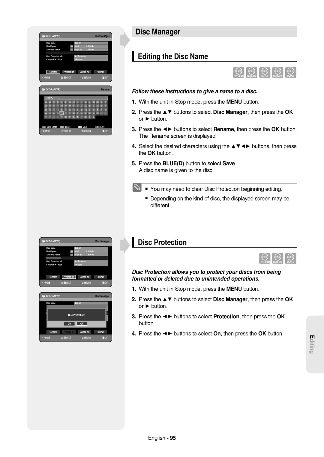 Samsung DVD-HR757/XEB, DVD-HR757/XEG manual Disc Manager, Editing the Disc Name, Disc Protection 