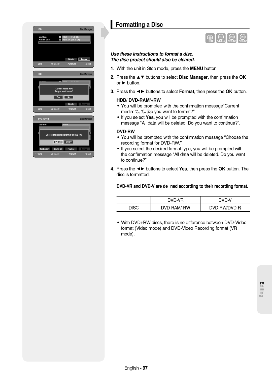 Samsung DVD-HR757/XEB, DVD-HR757/XEG manual Formatting a Disc, Current media HDD Do you want format?, Delete Format 