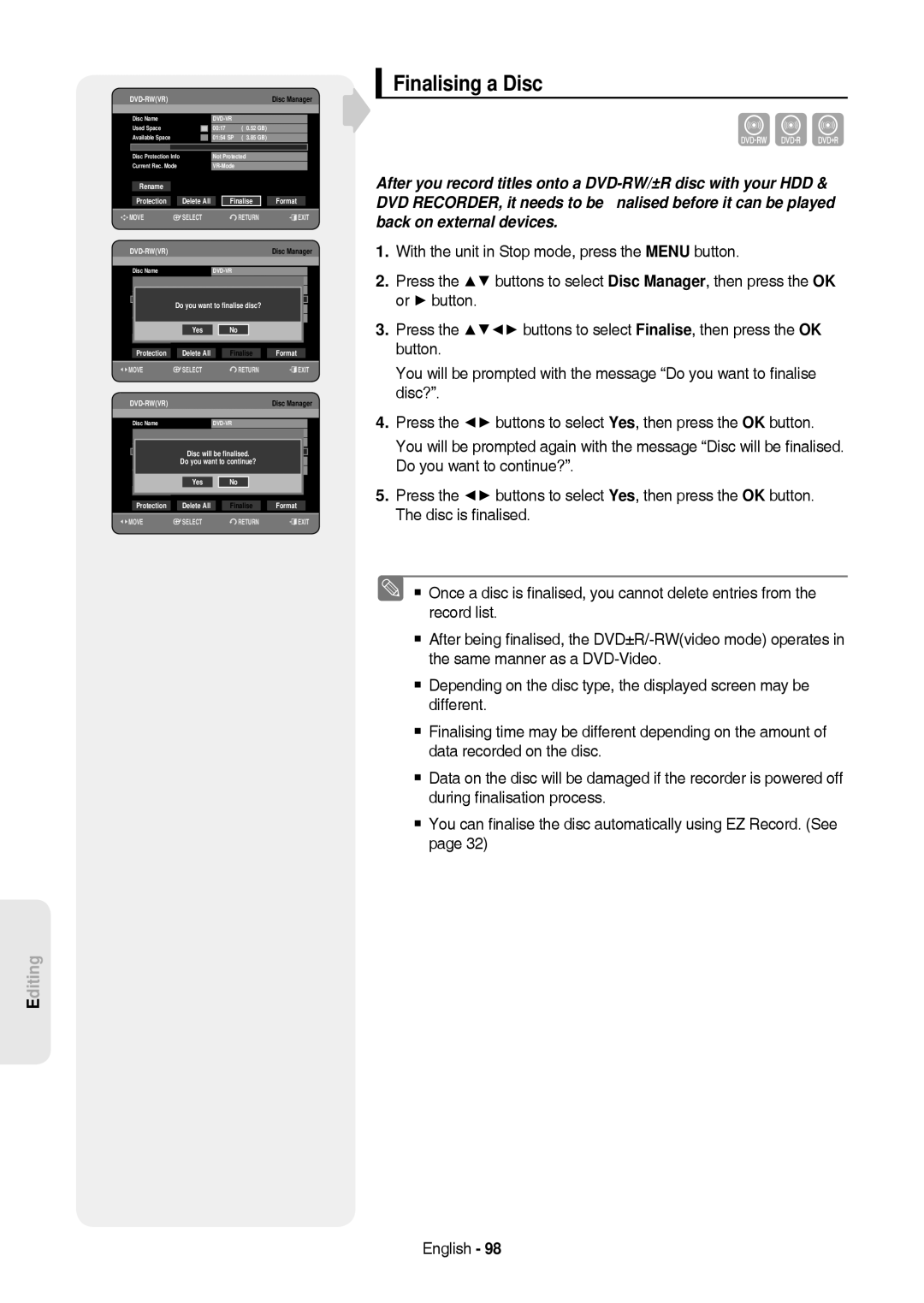 Samsung DVD-HR757/XEG, DVD-HR757/XEB manual Finalising a Disc, Delete All Finalise Format 