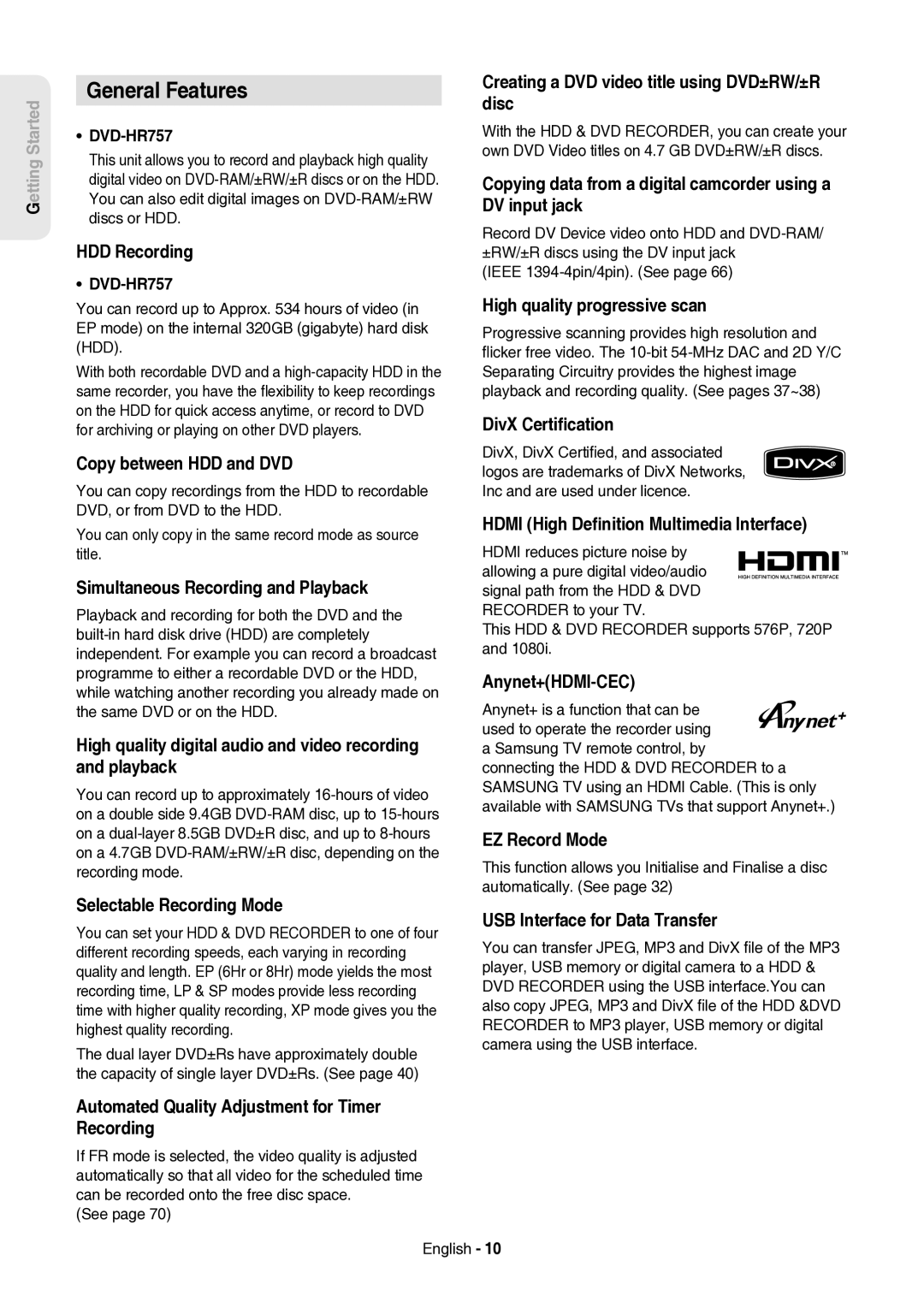 Samsung DVD-HR757/XEH manual General Features 